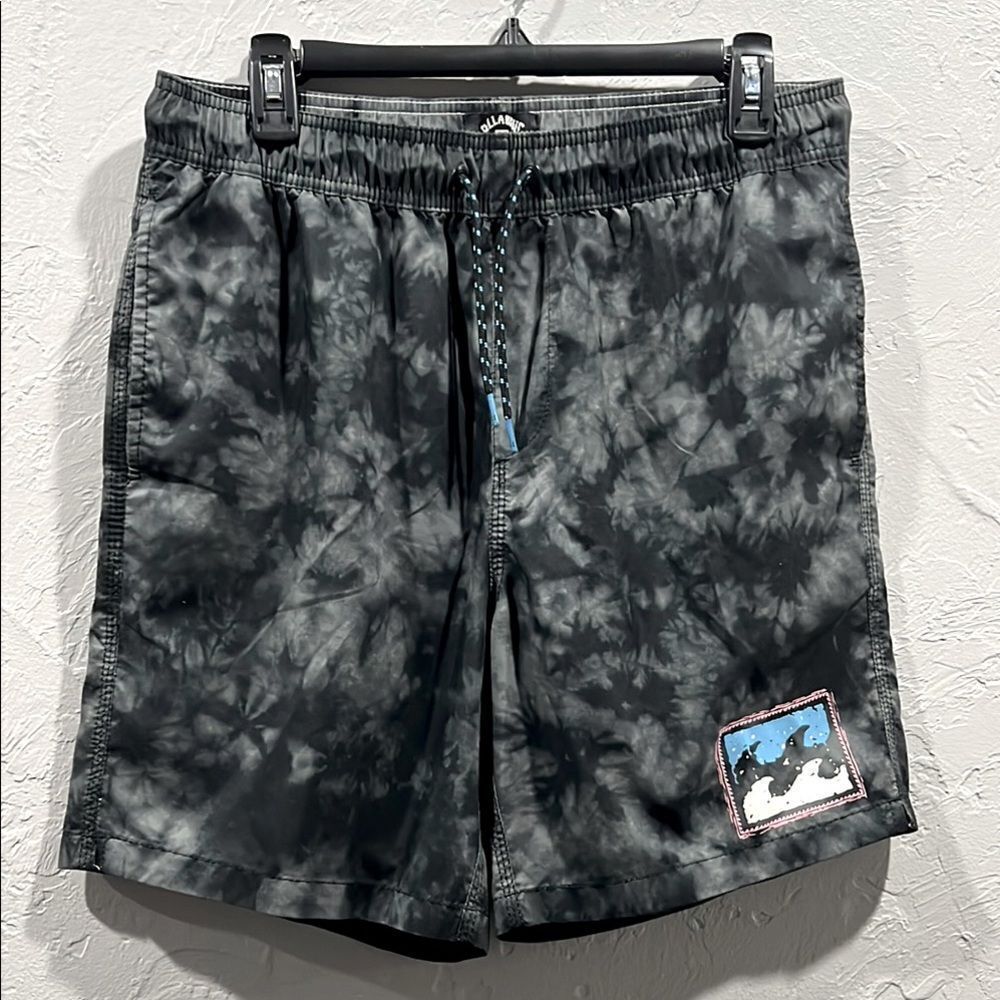 ☀️🏝️ Y2K BILLABONG Black/Gray Tie-Dye Boardshorts Swim Trunks Men Sz Medium -EU